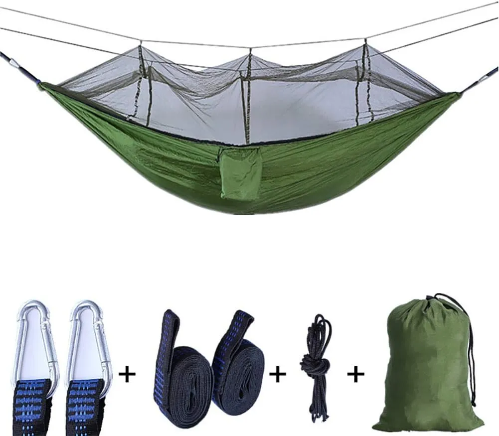 Outdoor Hammock,Portable Camping Hammock with Mosquito Net,Ultralight Hammock,Lightweight Nylon Parachute Hammocks Travel Kit Army Green 260x140cm