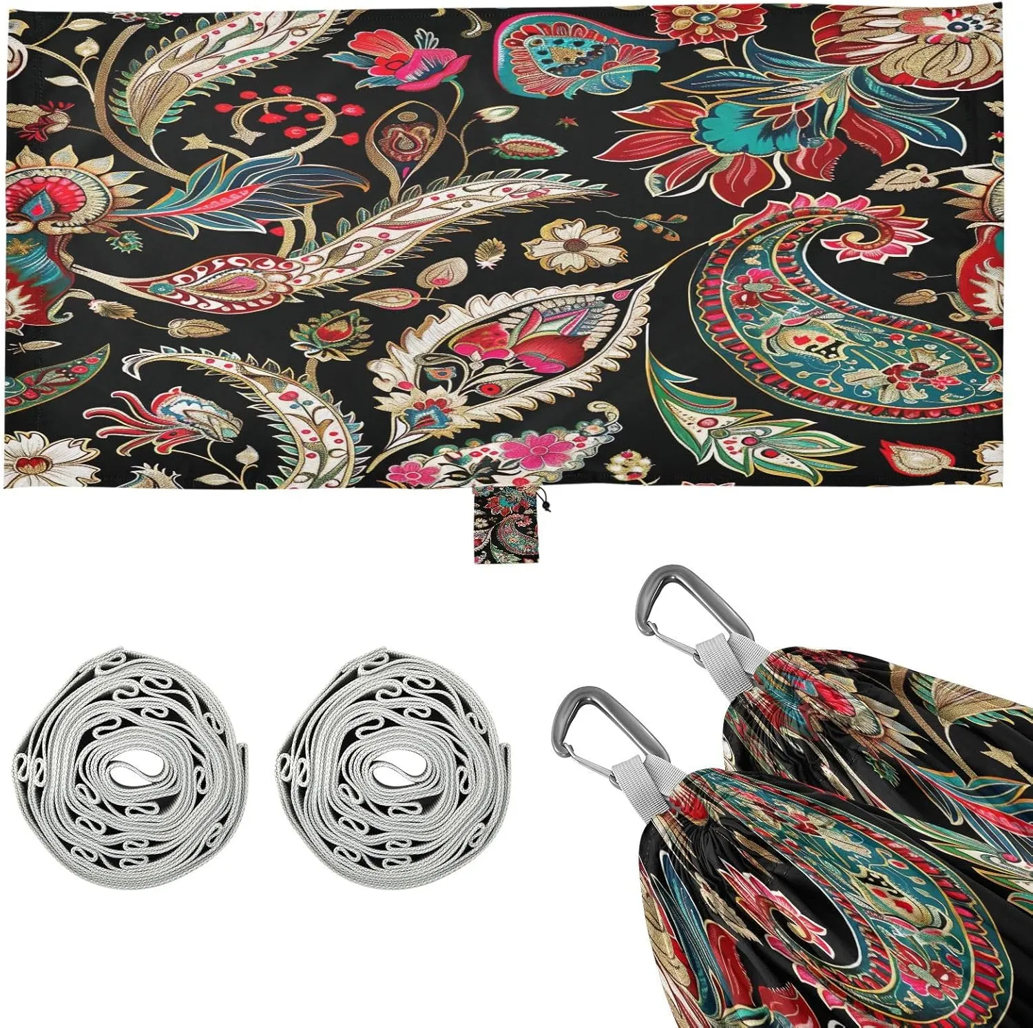 Paisley Style Retro Flowers Camping Hammock, 330 lbs with 2 Tree Straps, Carry Bag, Single Portable Hammock for Outdoor/Indoor, Hiking, Beach, Backpacking, Travel