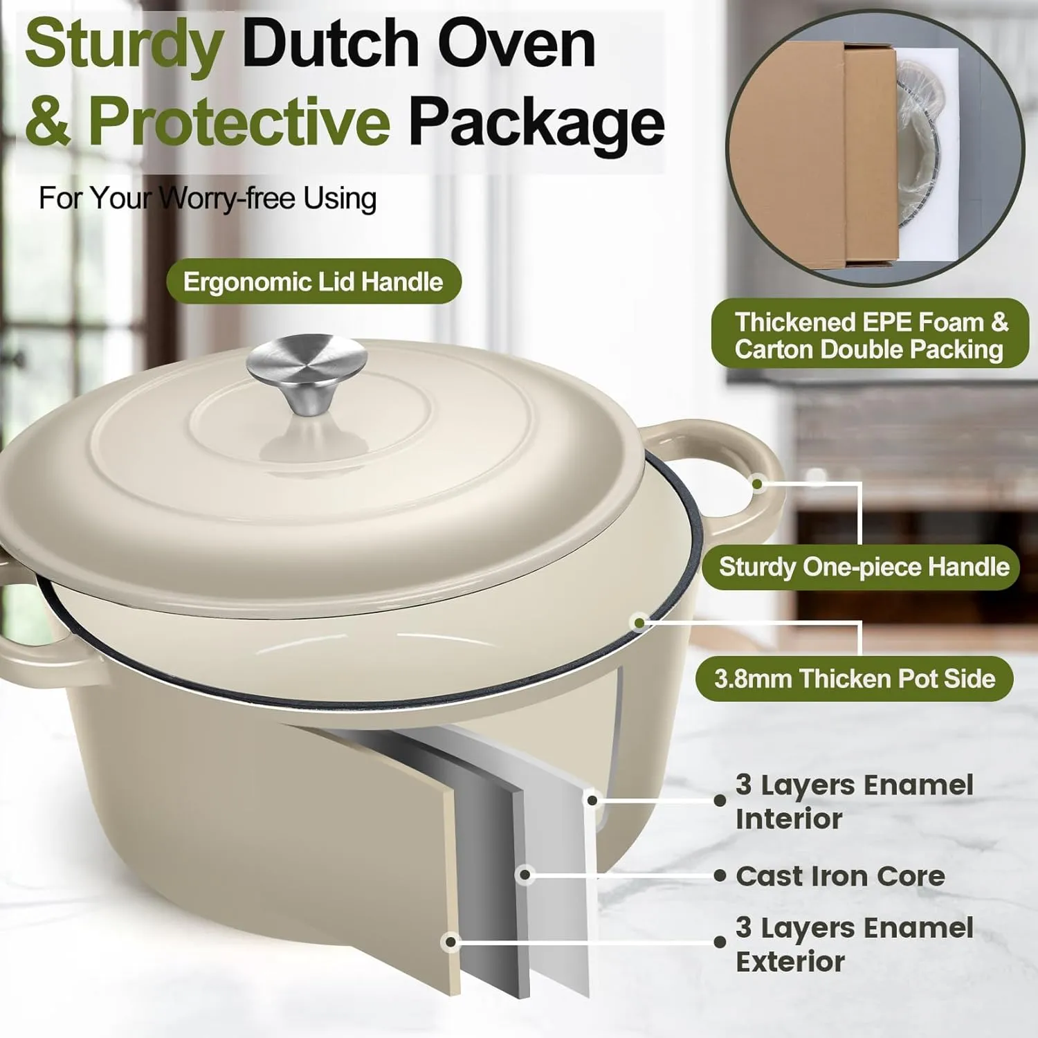 P&P CHEF 6 Quart Enameled Dutch Oven with Lid, Cast Iron Dutch Oven Pot, Enamel Round Cooking Stock Pot for Braising, Stewing, Roasting, Baking, Fit Various Stoves, (6 QT, Khaki)