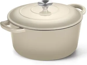 P&P CHEF 6 Quart Enameled Dutch Oven with Lid, Cast Iron Dutch Oven Pot, Enamel Round Cooking Stock Pot for Braising, Stewing, Roasting, Baking, Fit Various Stoves, (6 QT, Khaki)