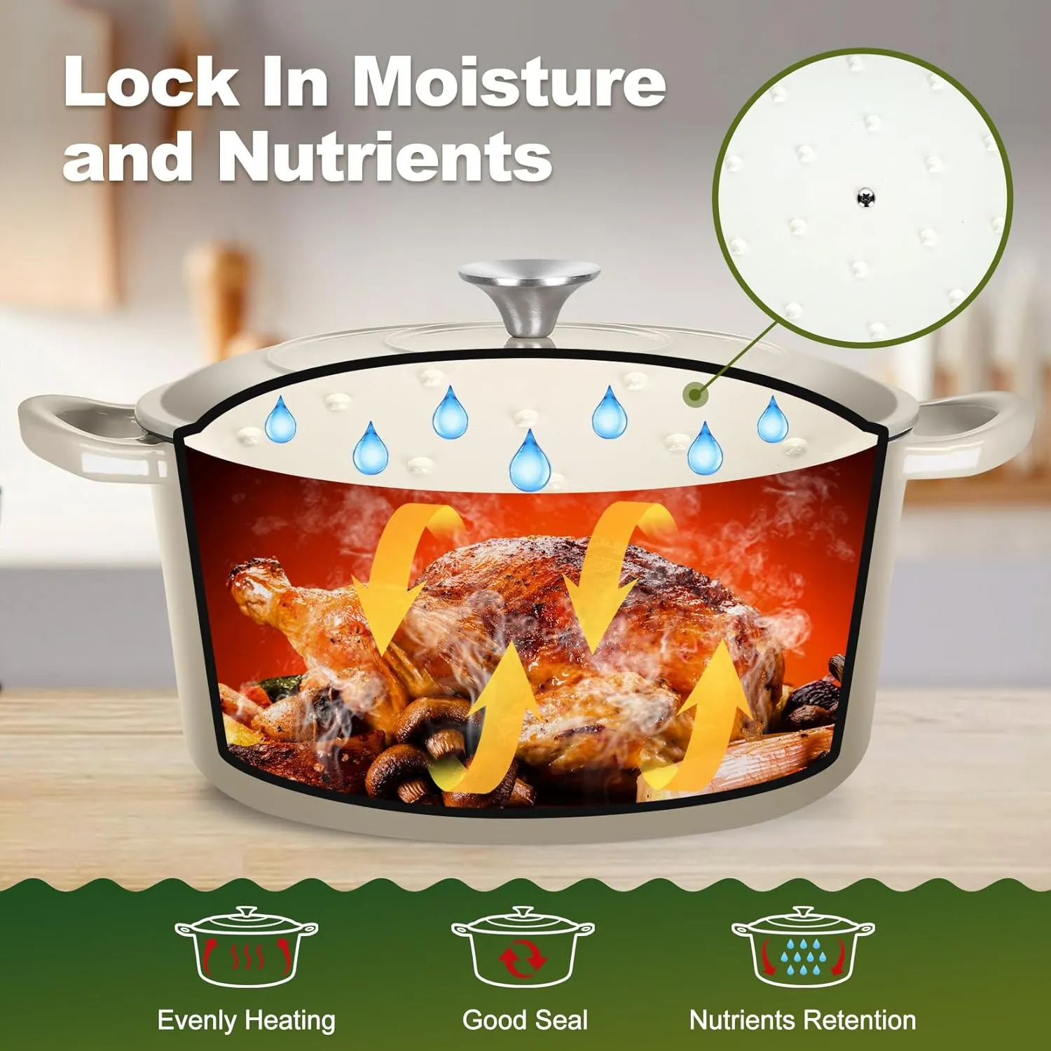 P&P CHEF 6 Quart Enameled Dutch Oven with Lid, Cast Iron Dutch Oven Pot, Enamel Round Cooking Stock Pot for Braising, Stewing, Roasting, Baking, Fit Various Stoves, (6 QT, Khaki)