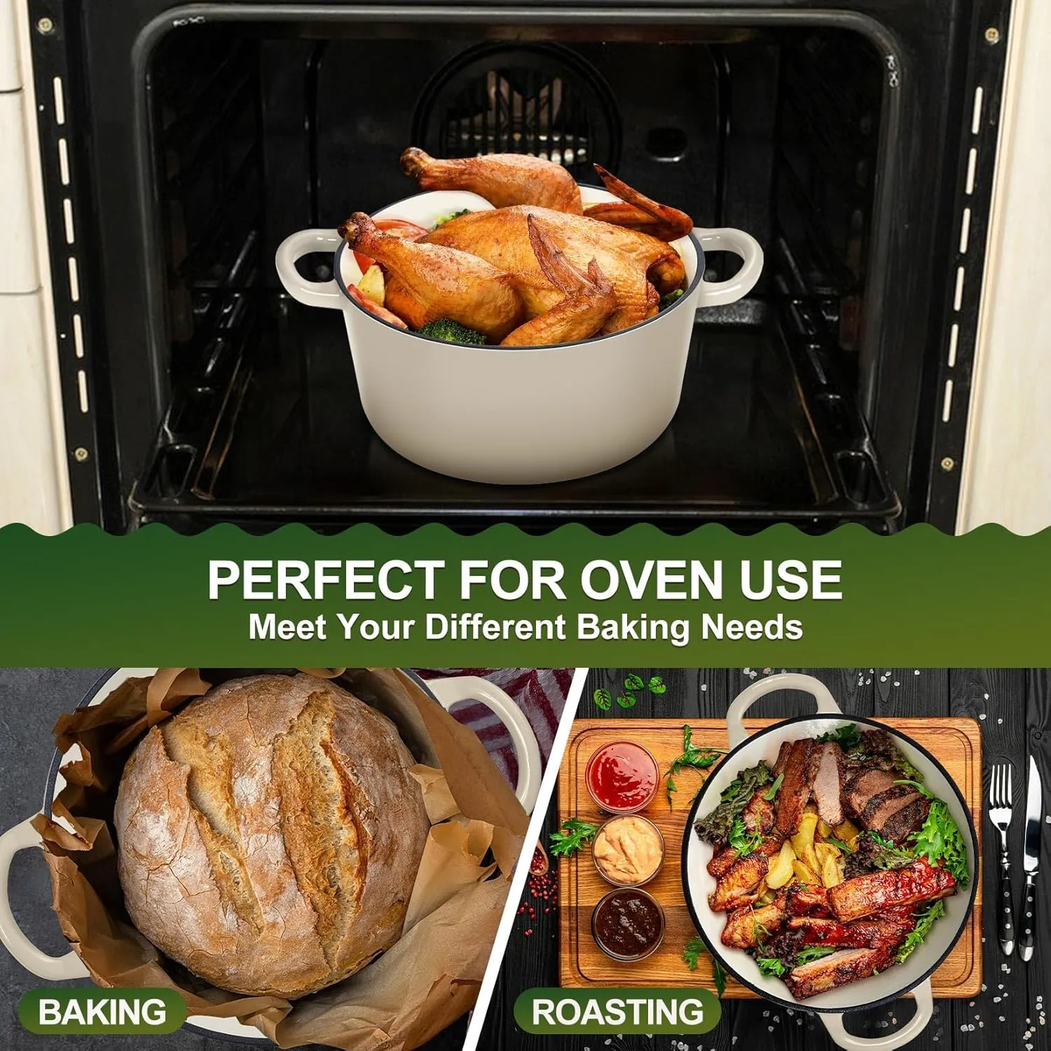 P&P CHEF 6 Quart Enameled Dutch Oven with Lid, Cast Iron Dutch Oven Pot, Enamel Round Cooking Stock Pot for Braising, Stewing, Roasting, Baking, Fit Various Stoves, (6 QT, Khaki)