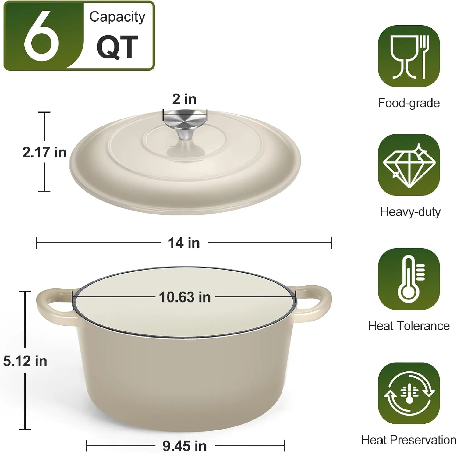 P&P CHEF 6 Quart Enameled Dutch Oven with Lid, Cast Iron Dutch Oven Pot, Enamel Round Cooking Stock Pot for Braising, Stewing, Roasting, Baking, Fit Various Stoves, (6 QT, Khaki)