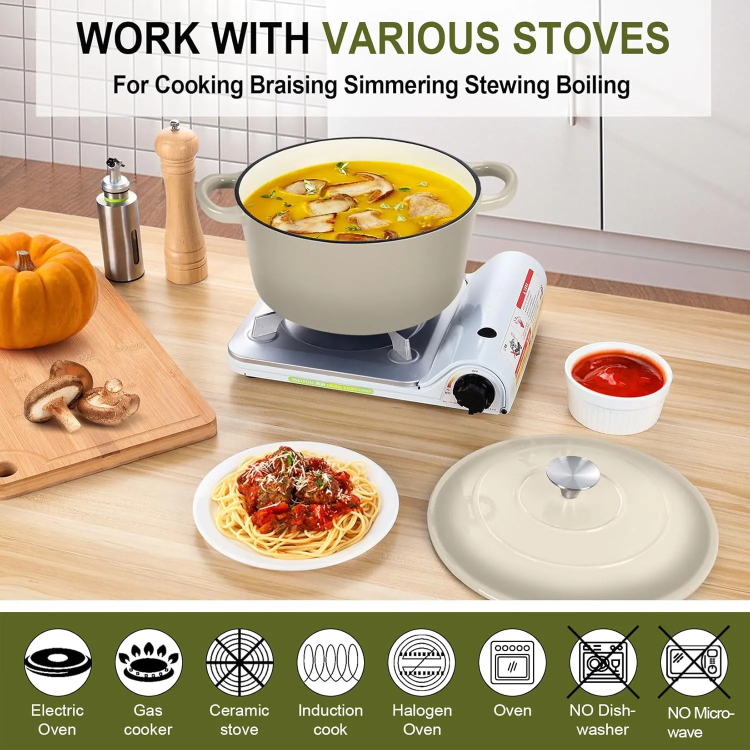 P&P CHEF 6 Quart Enameled Dutch Oven with Lid, Cast Iron Dutch Oven Pot, Enamel Round Cooking Stock Pot for Braising, Stewing, Roasting, Baking, Fit Various Stoves, (6 QT, Khaki)