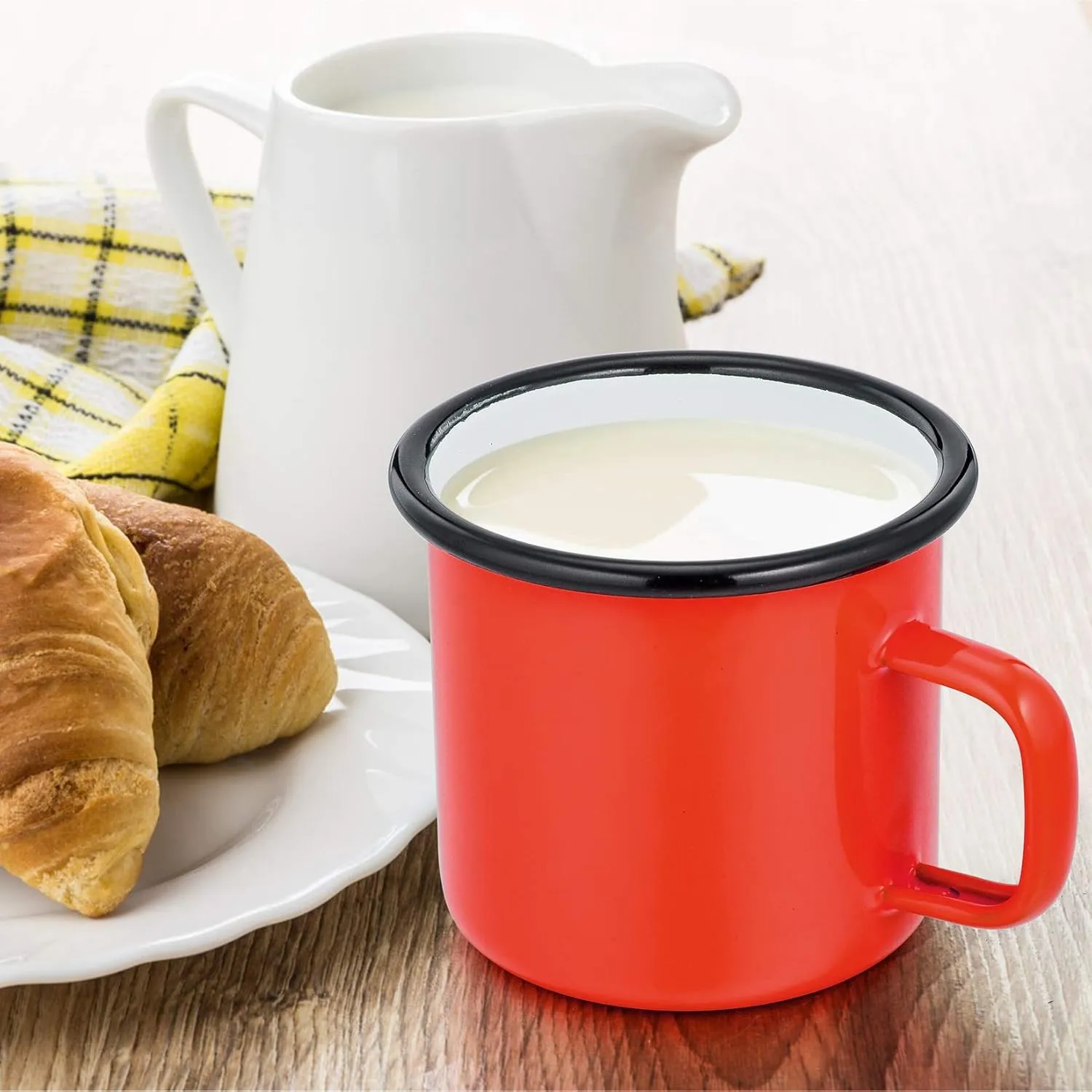P&P CHEF Enamel Camping Coffee Mug Set of 6, Small Colored Mugs Cups for Family Gathering/Friend Party/Camping/Picnic/Fishing, Lightweight & Portable -12 Ounce, 350ML & Red