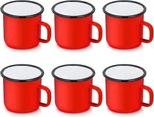 P&P CHEF Enamel Camping Coffee Mug Set of 6, Small Colored Mugs Cups for Family Gathering/Friend Party/Camping/Picnic/Fishing, Lightweight & Portable -12 Ounce, 350ML & Red