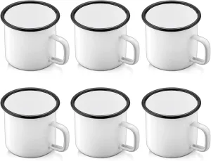 P&P CHEF Enamel Camping Coffee Mug Set of 6, Small Colored Mugs Cups for Family Gathering/Friend Party/Camping/Picnic/Fishing, Lightweight & Portable -12 Ounce, 350ML & White