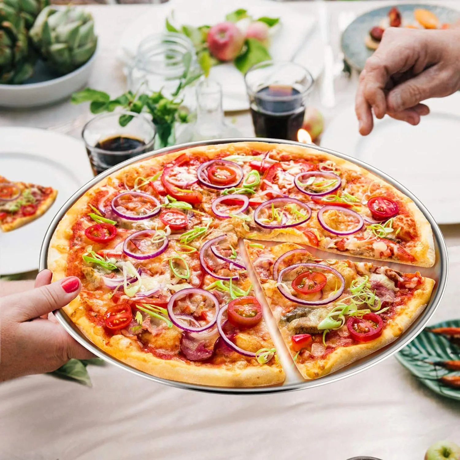 P&P CHEF Pizza Pan Set of 2, Stainless Steel Pizza Tray, Round Pizza Plate For Pie Cookie Pizza Cake, Non Toxic & Heavy Duty, Dishwasher Safe & Easy Clean, 12 Inch & Silver