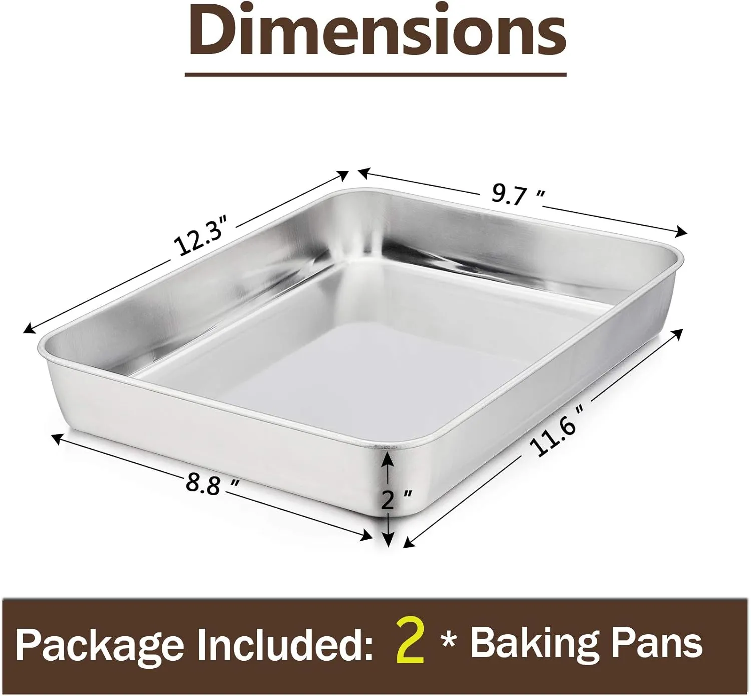 P&P CHEF Stainless Steel Sheet Cake Pan, Rectangular Baking Pan for Lasagna Brownie Meats, Cookie Tray Fits in Toaster Oven, Easy Clean & Heavy Duty (12.3 Inch, 2Pcs)