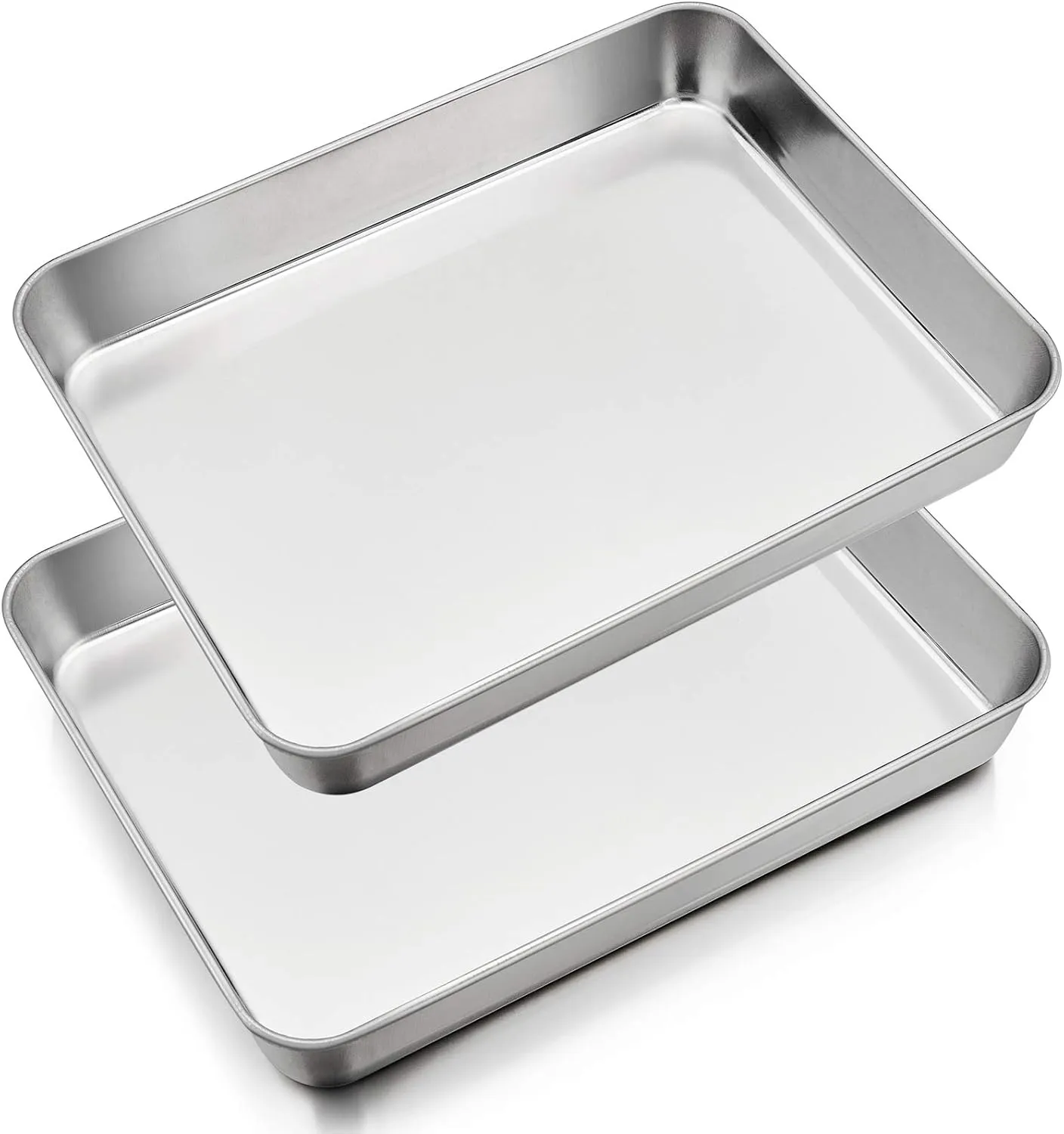 P&P CHEF Stainless Steel Sheet Cake Pan, Rectangular Baking Pan for Lasagna Brownie Meats, Cookie Tray Fits in Toaster Oven, Easy Clean & Heavy Duty (12.3 Inch, 2Pcs)