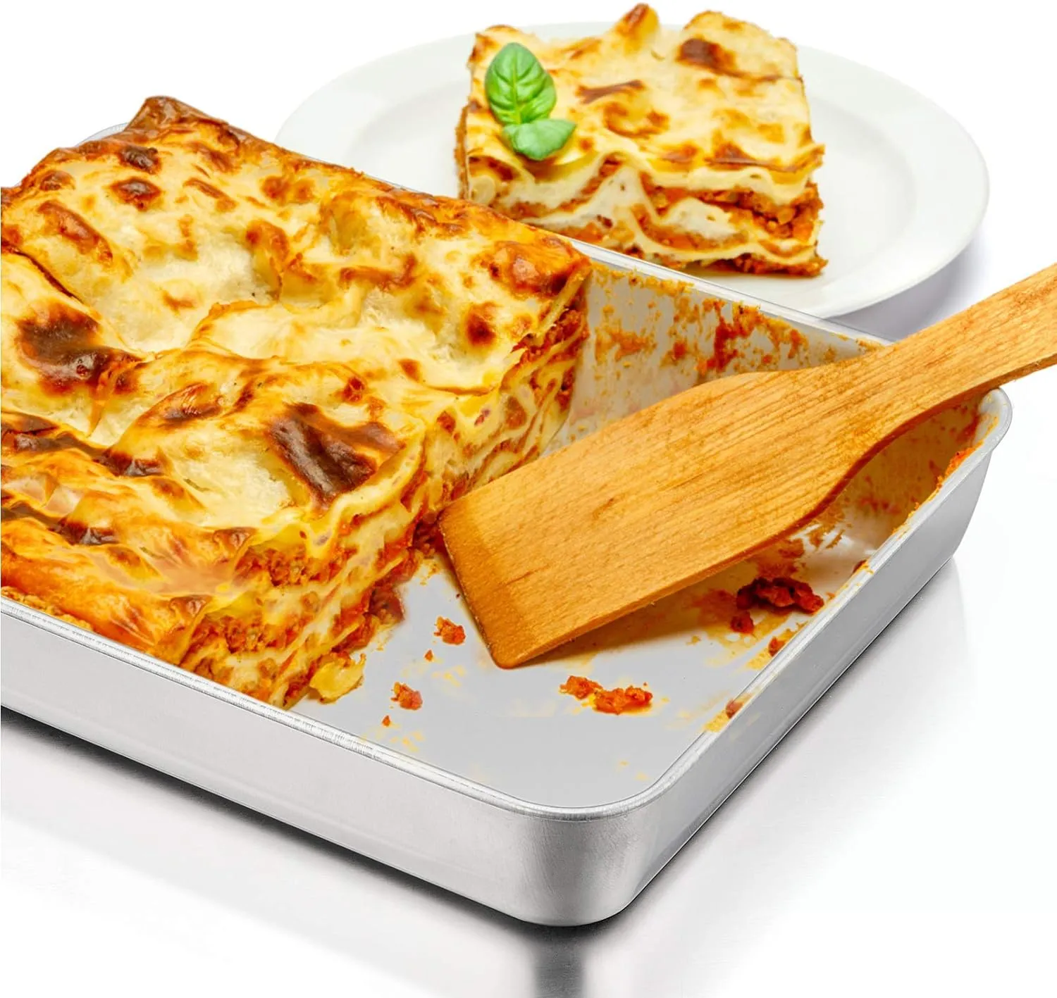 P&P CHEF Stainless Steel Sheet Cake Pan, Rectangular Baking Pan for Lasagna Brownie Meats, Cookie Tray Fits in Toaster Oven, Easy Clean & Heavy Duty (12.3 Inch, 2Pcs)