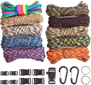 Paracord,Paracord 550 Combo Crafting Kits with 5 Types Buckles,20 Feet Each Paracord Rope (Light Rainbow Set 200feet) (D-Set)