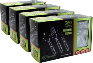 Party Bargains Emerald Clear Plastic Silverware 1440 pcs Set: 720 Forks, 480 Spoons, 240 Knives. Heavy Duty Elegant Cutlery Disposable Utensils Combo Pack for Ceremonies Catering Galas Cocktail Party