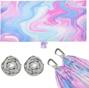 Pastel Blue Pink Marble Camping Hammock, 330 lbs with 2 Tree Straps, Carry Bag, Single Portable Hammock for Outdoor/Indoor, Hiking, Beach, Backpacking, Travel