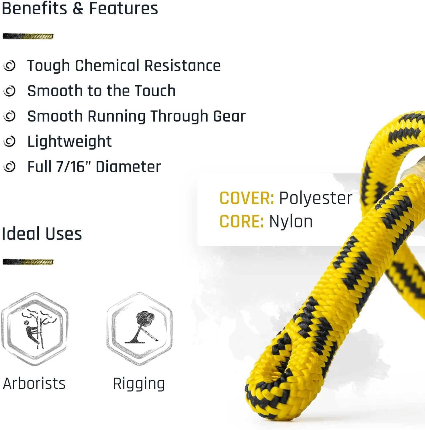 Pelican Rope 24-Strand 7/16 in (11 mm), USA Made Arborist Rope - 5,400 lb MBS - Static Climbing Rope - Lightweight - Arborist-24™ - 120 Ft - Tight Spliced Eye - Yellow Black