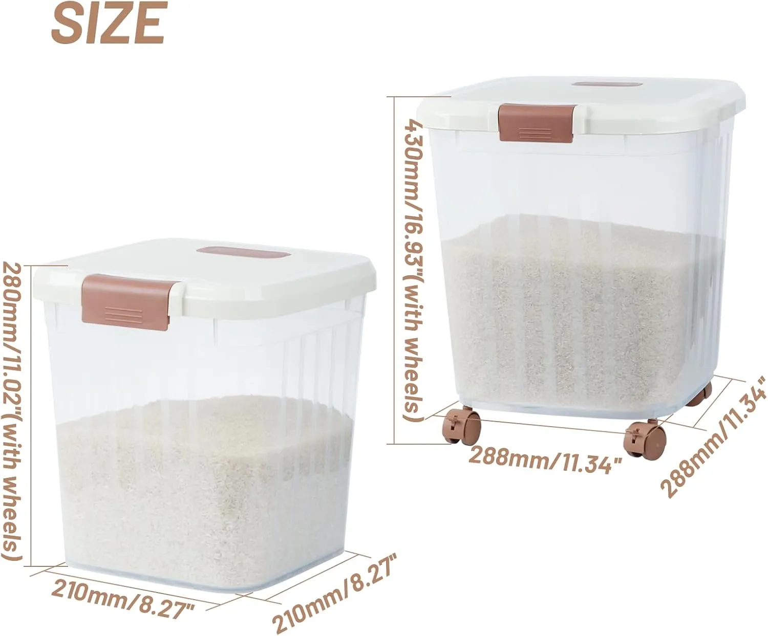 PENCK Airtight Flour Storage Bin Plastic Rice Storage Container Clear Cereal Grain Dry Food Storage Boxes with Wheels for Kitchen Pantry Countertop (20lbs&50lbs)