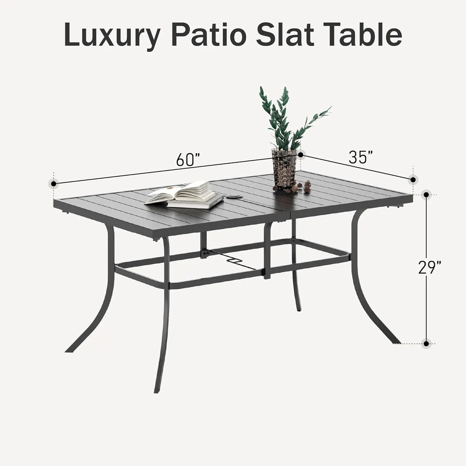PHI VILLA 6-Person Outdoor Metal Steel Slat Dining Rectangle Table with Adjustable Umbrella Hole, Weather-Resistant for Patio Outdoor Use, Black