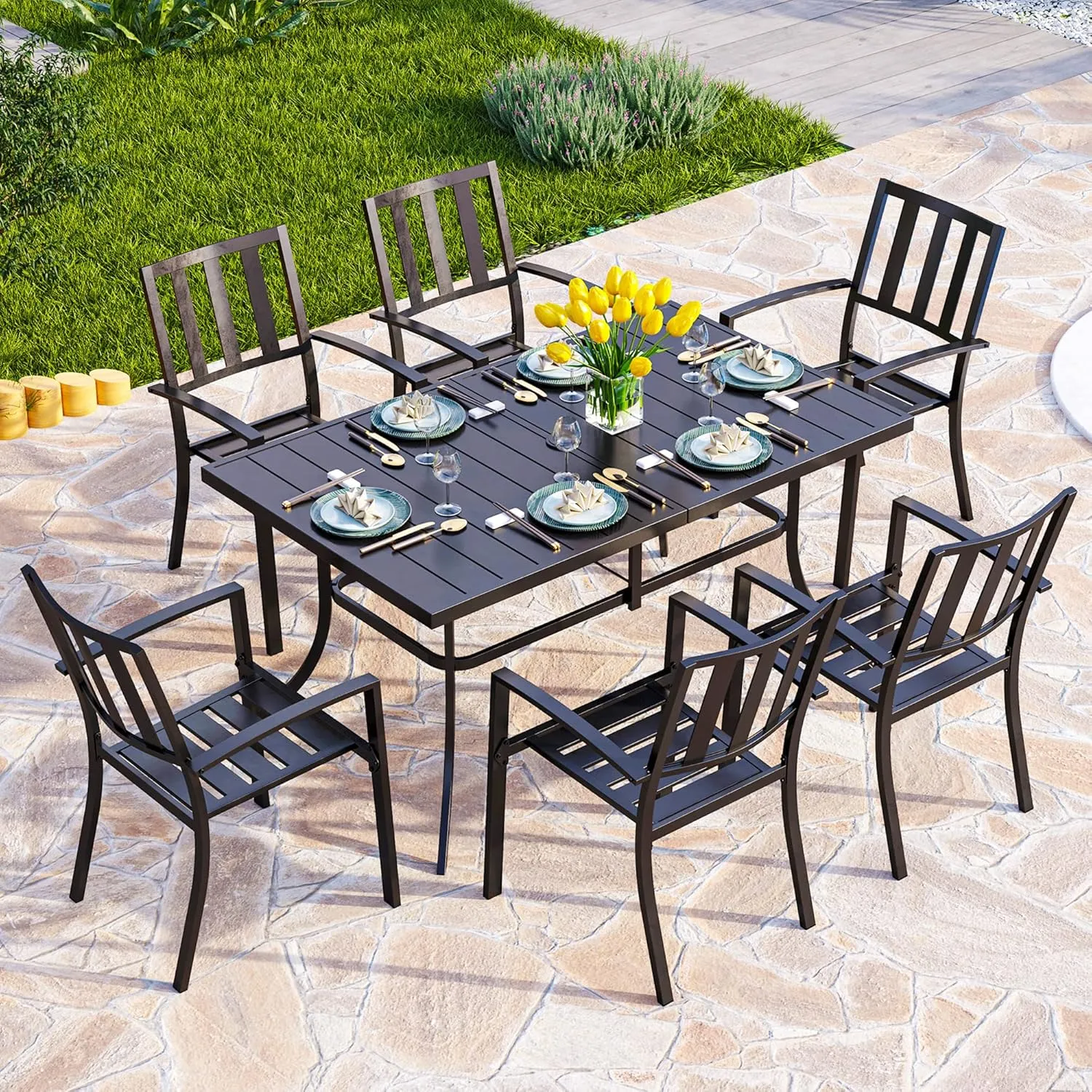 PHI VILLA 6-Person Outdoor Metal Steel Slat Dining Rectangle Table with Adjustable Umbrella Hole, Weather-Resistant for Patio Outdoor Use, Black