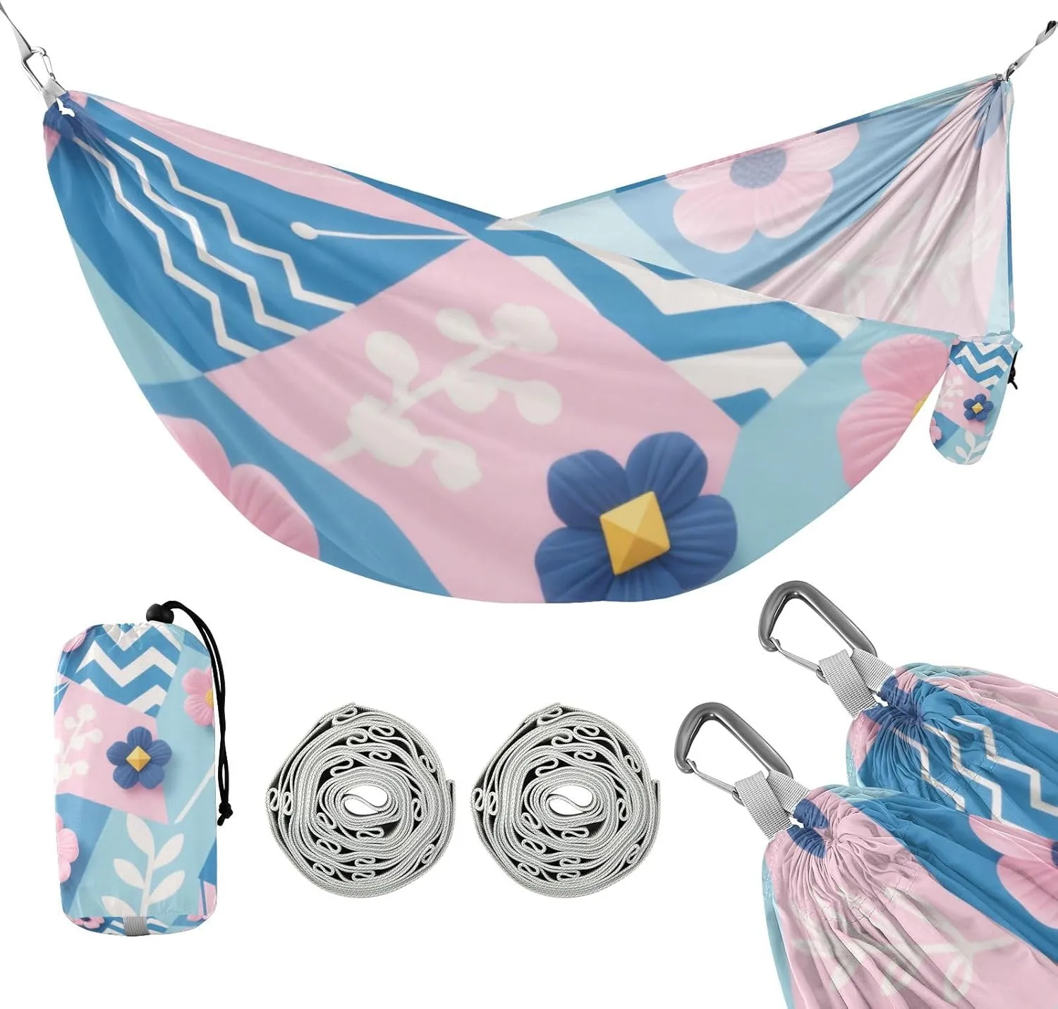 Pink and Blue Flowers 330lb Capacity Outdoor Hammocks Fabric Hammock for Camping & Hiking Essential Base para hamacas para adultos