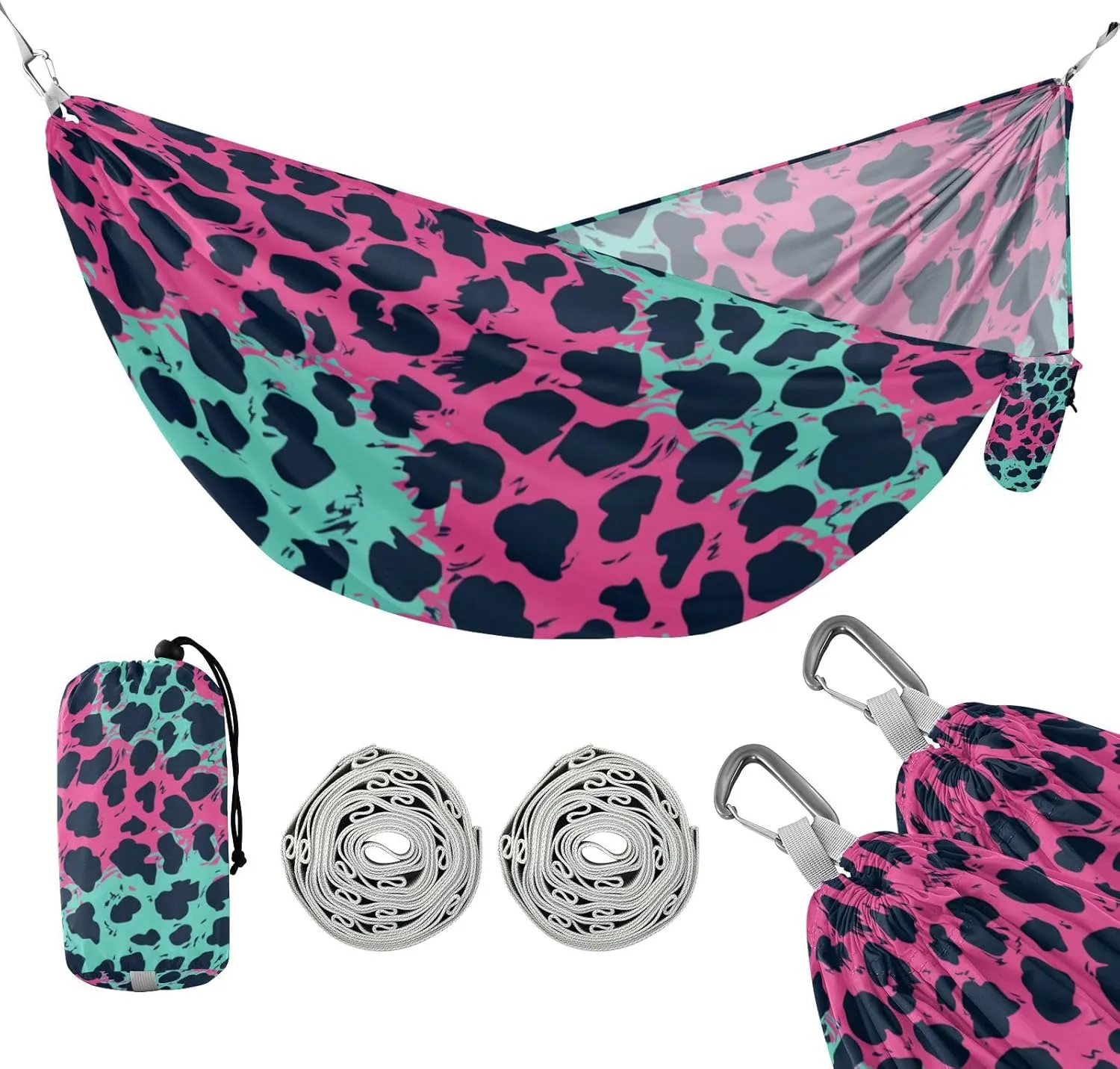 Pink and Green Leopard Print 330lb Capacity Outdoor Hammocks Tree Hammock for Camping Travel Accessories hamaca inflable para Piscina