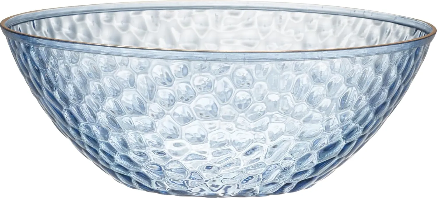 PLASTICPRO 30 Pack 12 Ounce Hammered Plastic Bowls Translucent Blue with Gold Rim Heavyweight Disposable Plastic Soup Bowls Elegant Translucent Hammered Gold Rim Platsic Party Dishes