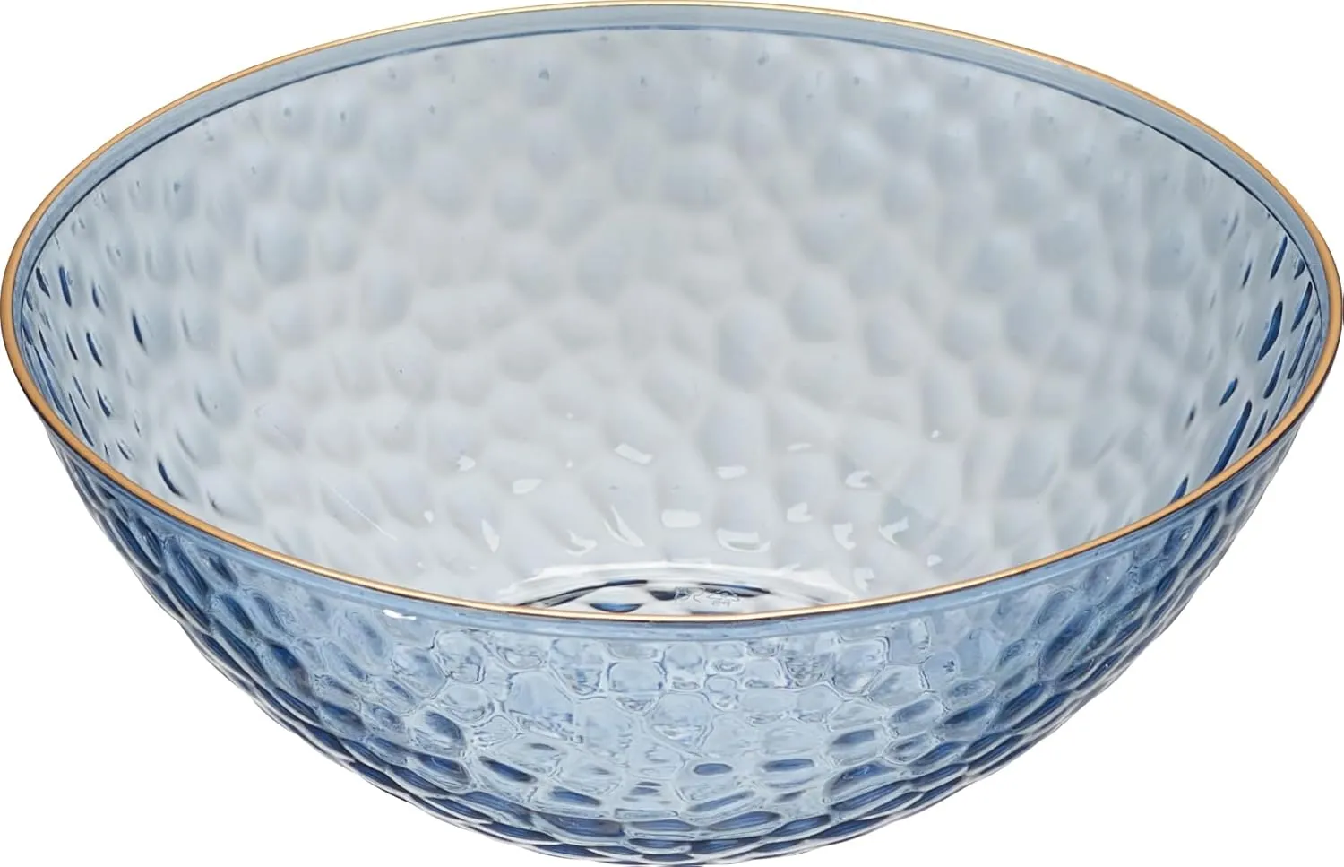 PLASTICPRO 30 Pack 12 Ounce Hammered Plastic Bowls Translucent Blue with Gold Rim Heavyweight Disposable Plastic Soup Bowls Elegant Translucent Hammered Gold Rim Platsic Party Dishes