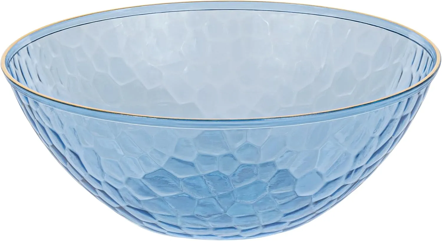 PLASTICPRO 30 Pack 12 Ounce Hammered Plastic Bowls Translucent Blue with Gold Rim Heavyweight Disposable Plastic Soup Bowls Elegant Translucent Hammered Gold Rim Platsic Party Dishes