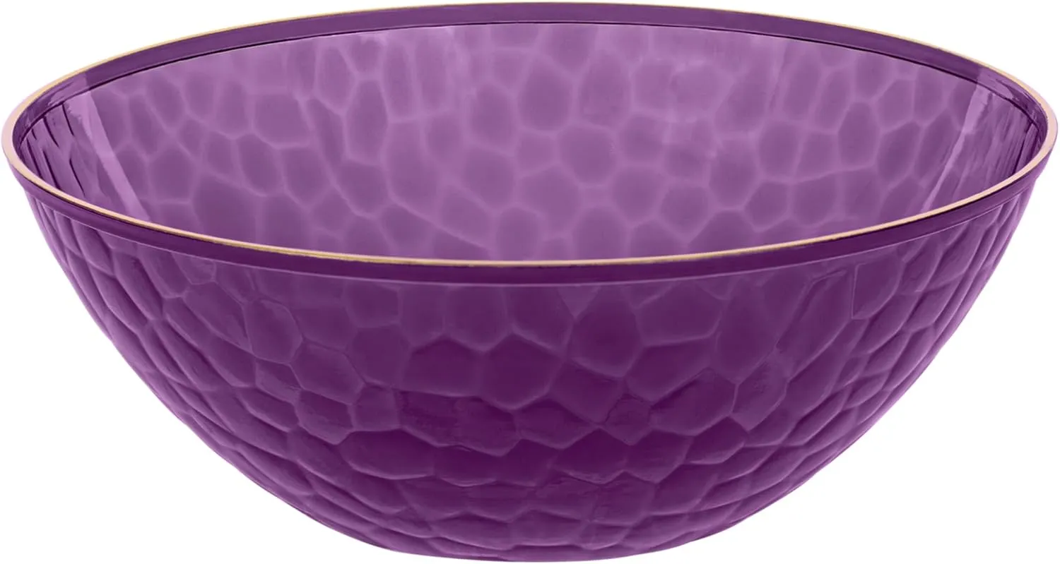 PLASTICPRO 30 Pack 12 Ounce Hammered Plastic Bowls Translucent Clear with Gold Rim Heavyweight Disposable Plastic Soup Bowls Elegant Translucent Hammered Gold Rim Platsic Party Dishes