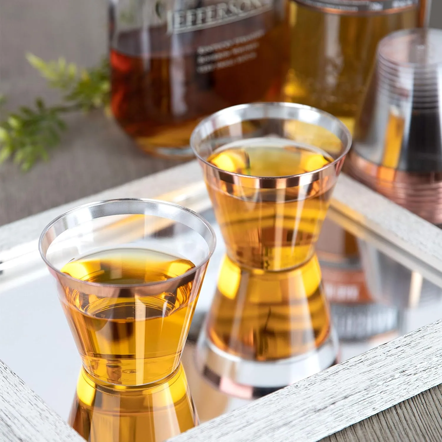 PLASTICPRO 9 oz Disposable Plastic Party Cups,Old fashioned Designed Tumblers, Crystal Clear (Clear With Rose Gold Rim, 100)