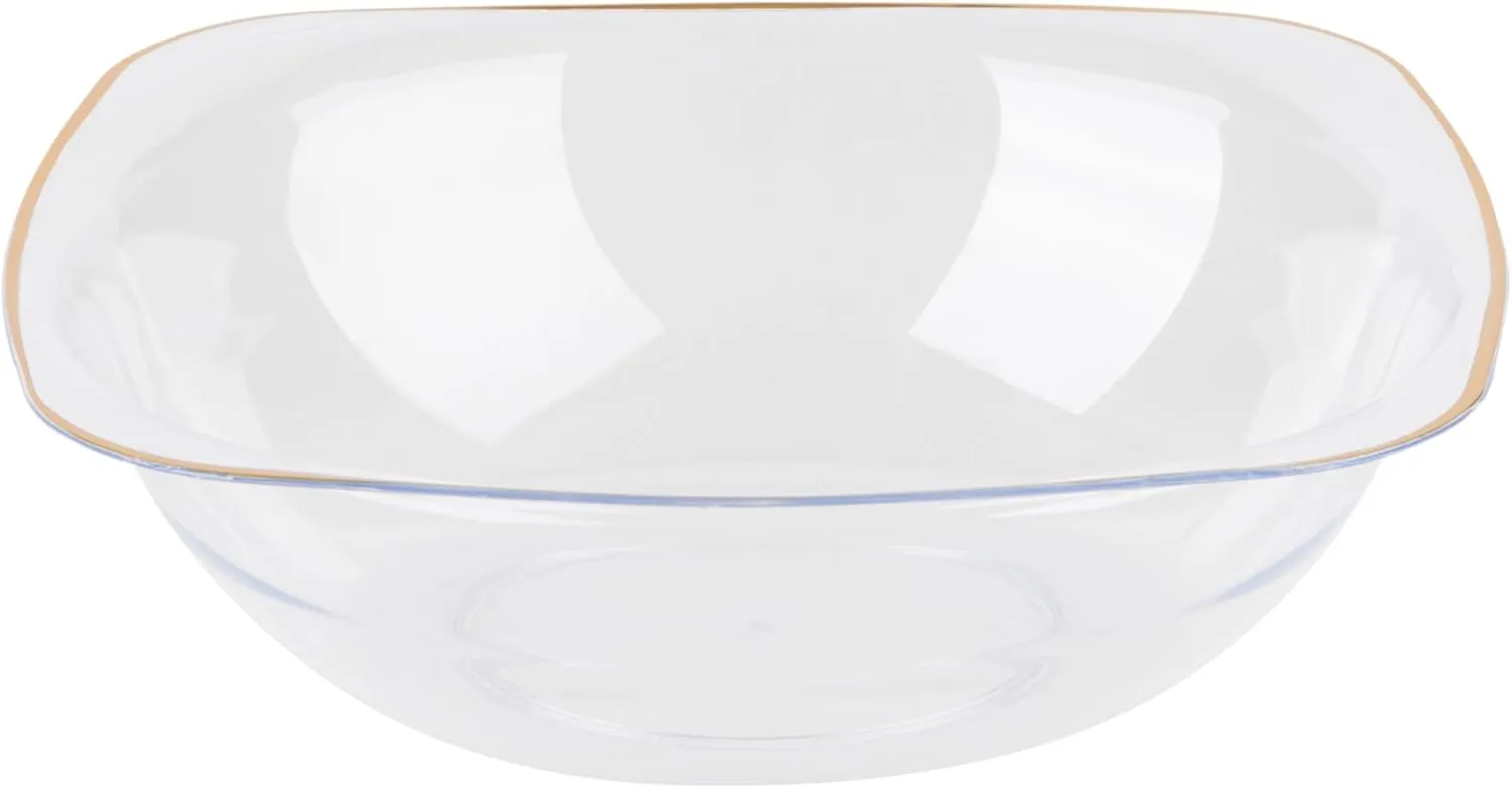 PLASTICPRO Clear Plastic Organic Party Square Soup bowls Clear With Gold Rim Elegant Disposable Tableware Dishes 16 OZ 32 Count