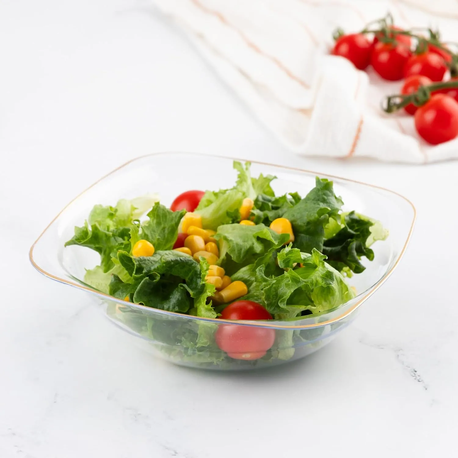 PLASTICPRO Clear Plastic Organic Party Square Soup bowls Clear With Gold Rim Elegant Disposable Tableware Dishes 16 OZ 32 Count