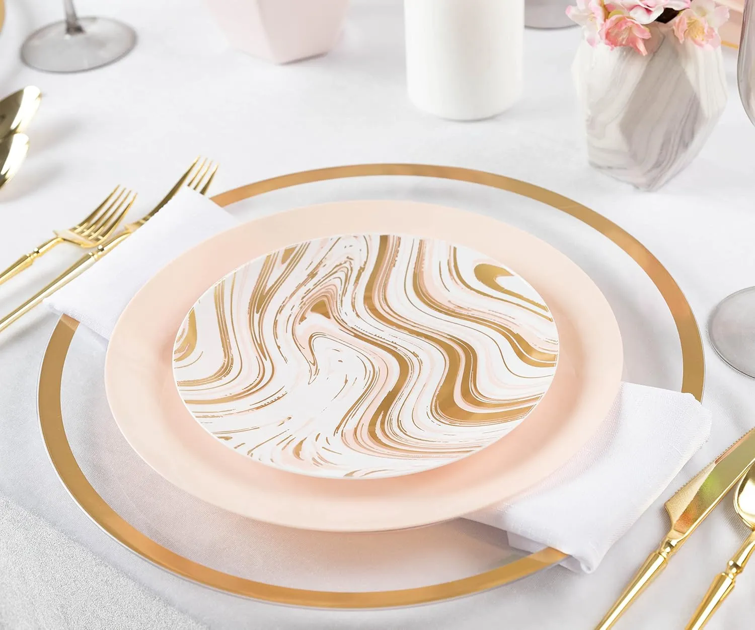 Plasticpro White Plastic Design Party Plates Premium heavyweight Elegant Disposable Tableware Dishes (32, Curve White & Gold - Pink)