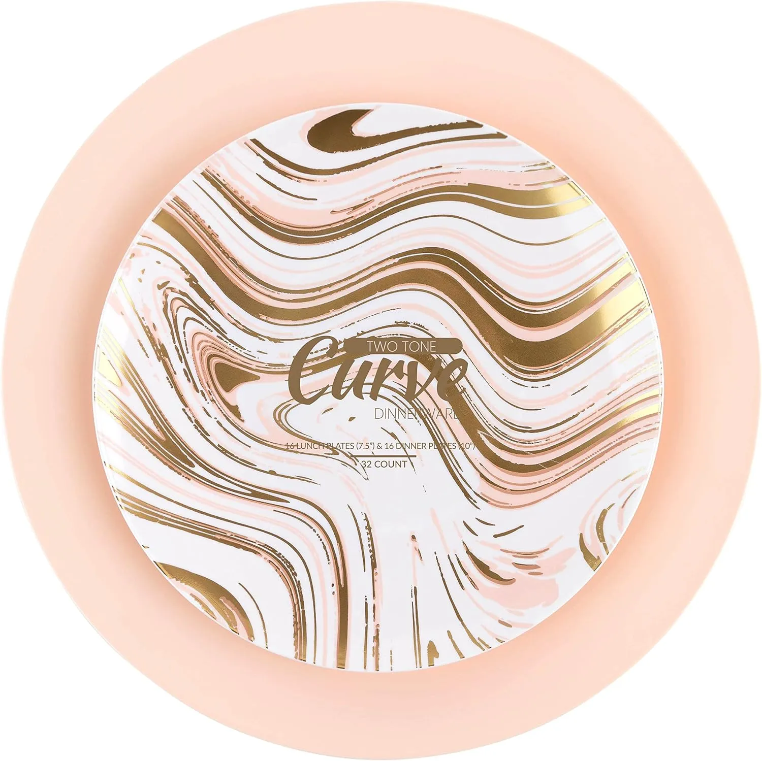Plasticpro White Plastic Design Party Plates Premium heavyweight Elegant Disposable Tableware Dishes (32, Curve White & Gold - Pink)