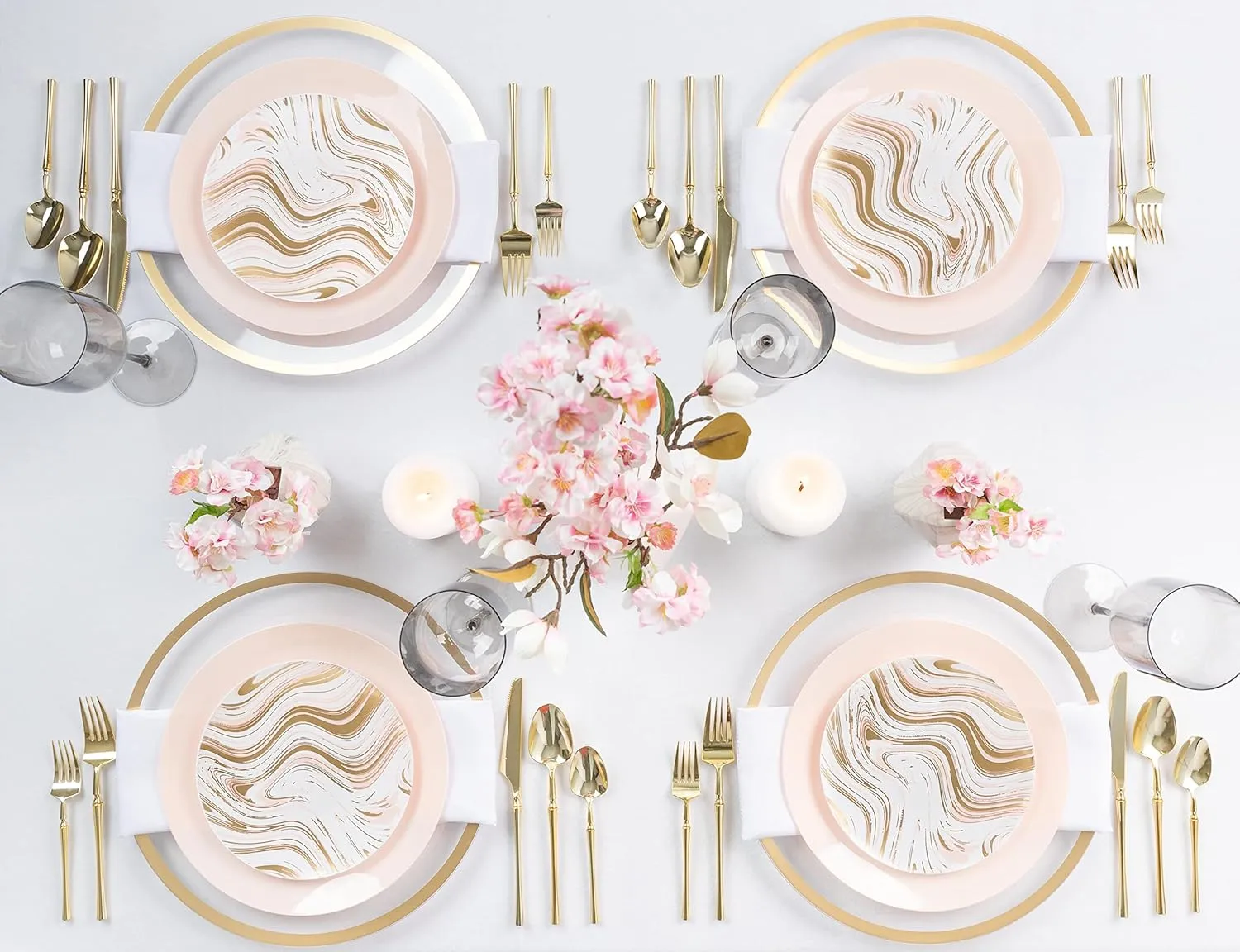 Plasticpro White Plastic Design Party Plates Premium heavyweight Elegant Disposable Tableware Dishes (32, Curve White & Gold - Pink)