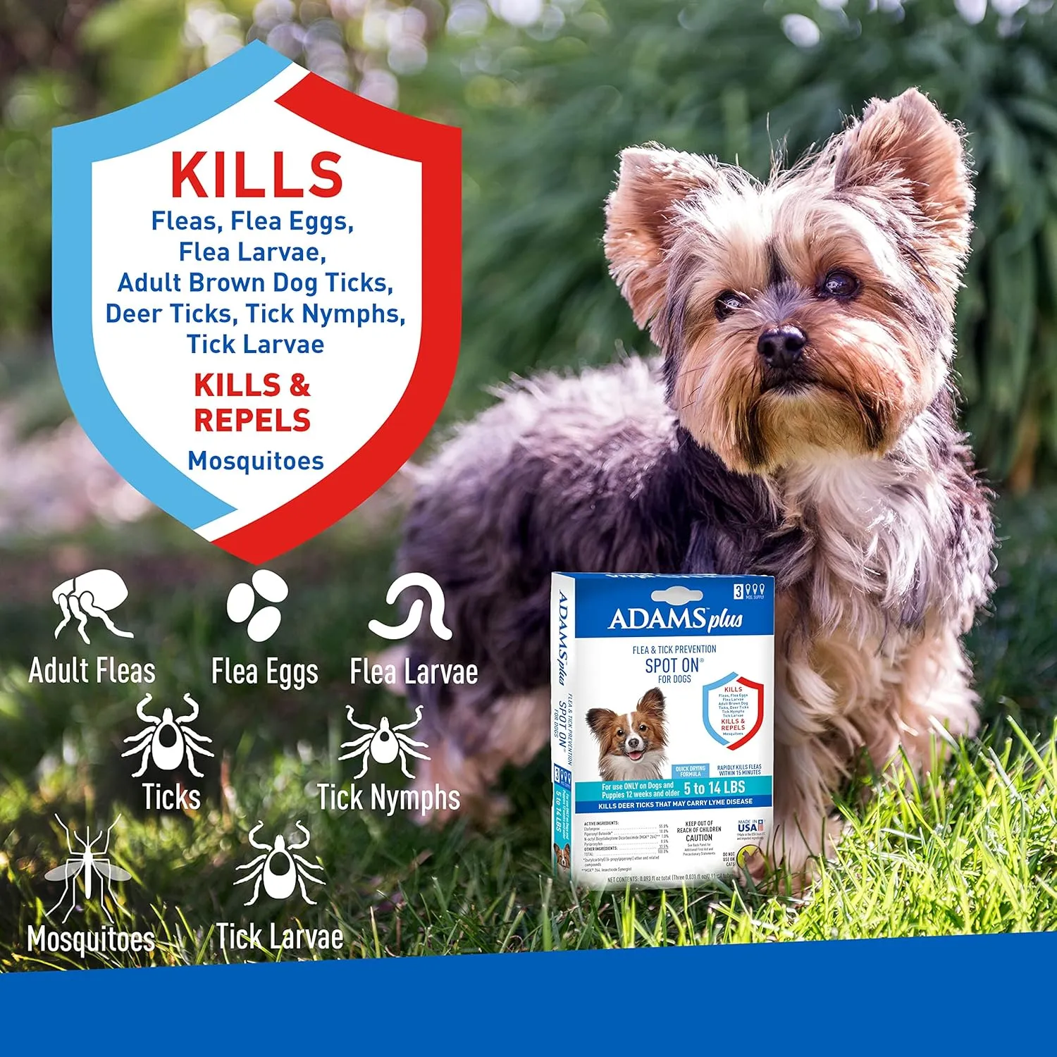 Plus Flea & Tick Prevention Spot On for Dogs 5-14 Pounds, 3-Month Supply, Kills Fleas, Flea Eggs, Flea Larvae, Brown Dog & Deer Ticks, Kills and Repels Mosquitoes For 30 Days, Central Brands
