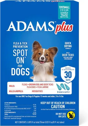 Plus Flea & Tick Prevention Spot On for Dogs 5-14 Pounds, 3-Month Supply, Kills Fleas, Flea Eggs, Flea Larvae, Brown Dog & Deer Ticks, Kills and Repels Mosquitoes For 30 Days, Central Brands