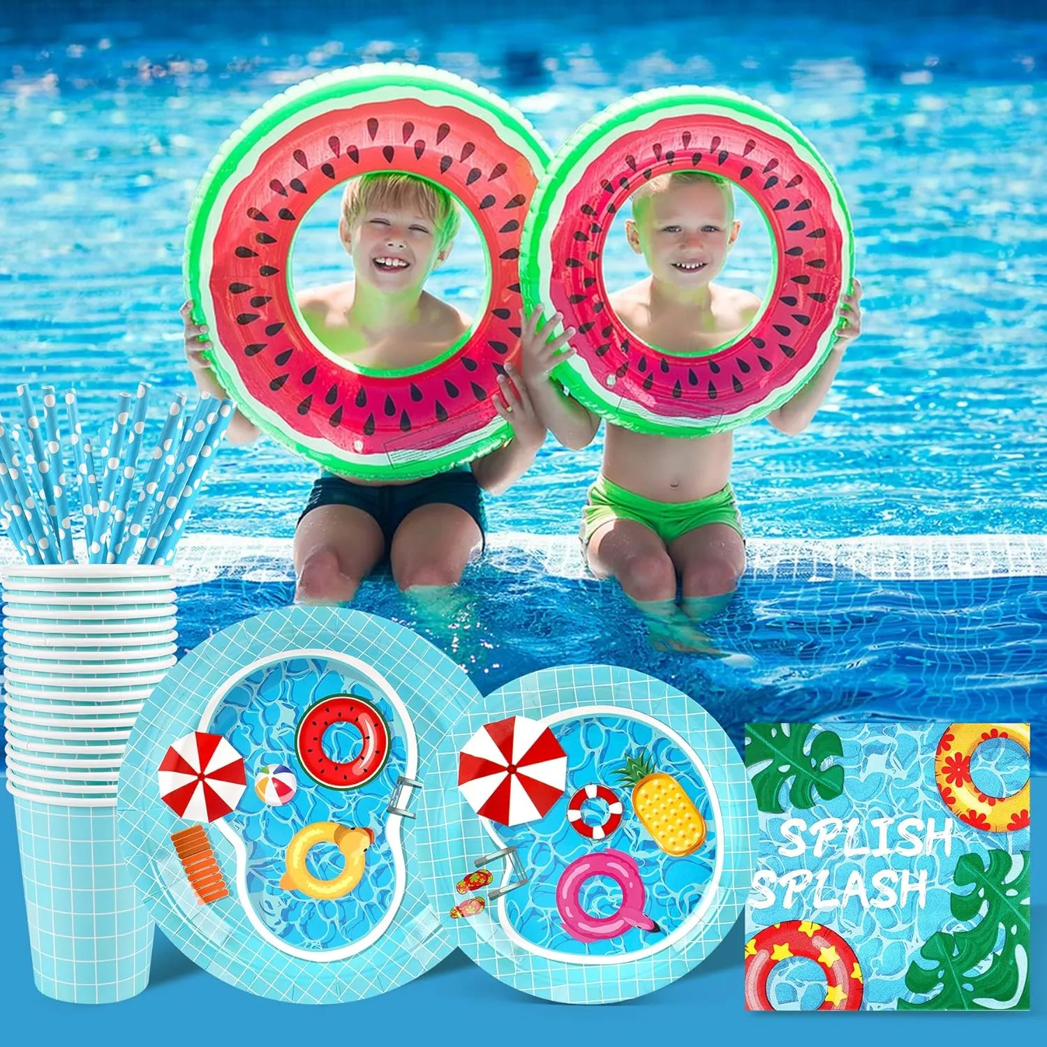 Pool Party Supplies Decorations, Disposable Summer Kids Birthday Paper Plates and Napkins Set with Cups and Straws for 24 Guests, 120 Pcs Beach Party Dessert Dinnerwares