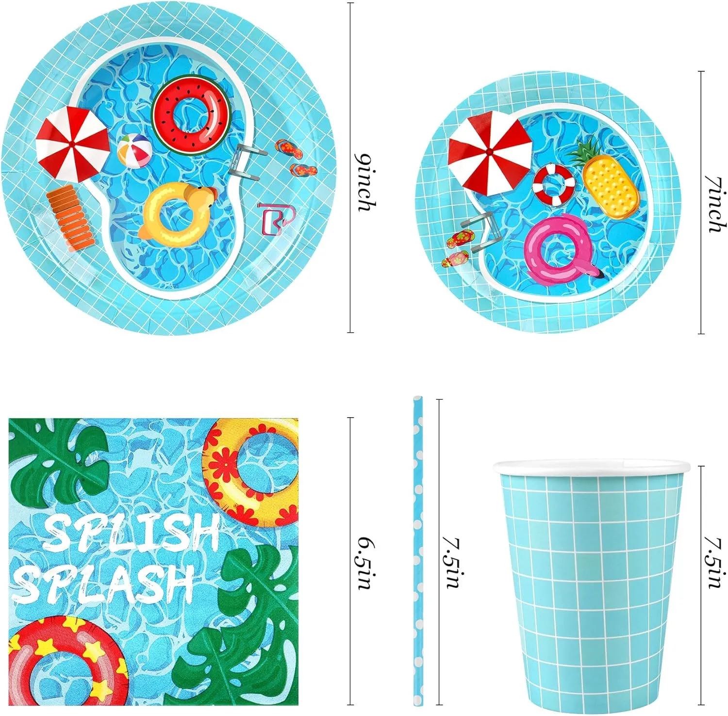Pool Party Supplies Decorations, Disposable Summer Kids Birthday Paper Plates and Napkins Set with Cups and Straws for 24 Guests, 120 Pcs Beach Party Dessert Dinnerwares