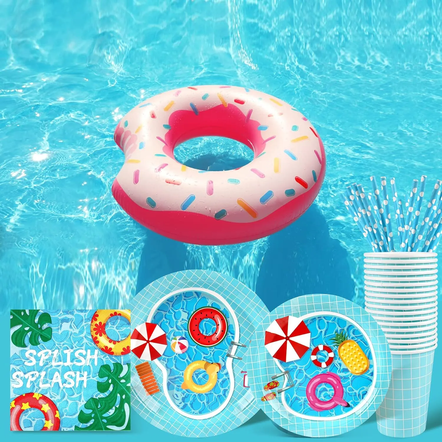Pool Party Supplies Decorations, Disposable Summer Kids Birthday Paper Plates and Napkins Set with Cups and Straws for 24 Guests, 120 Pcs Beach Party Dessert Dinnerwares