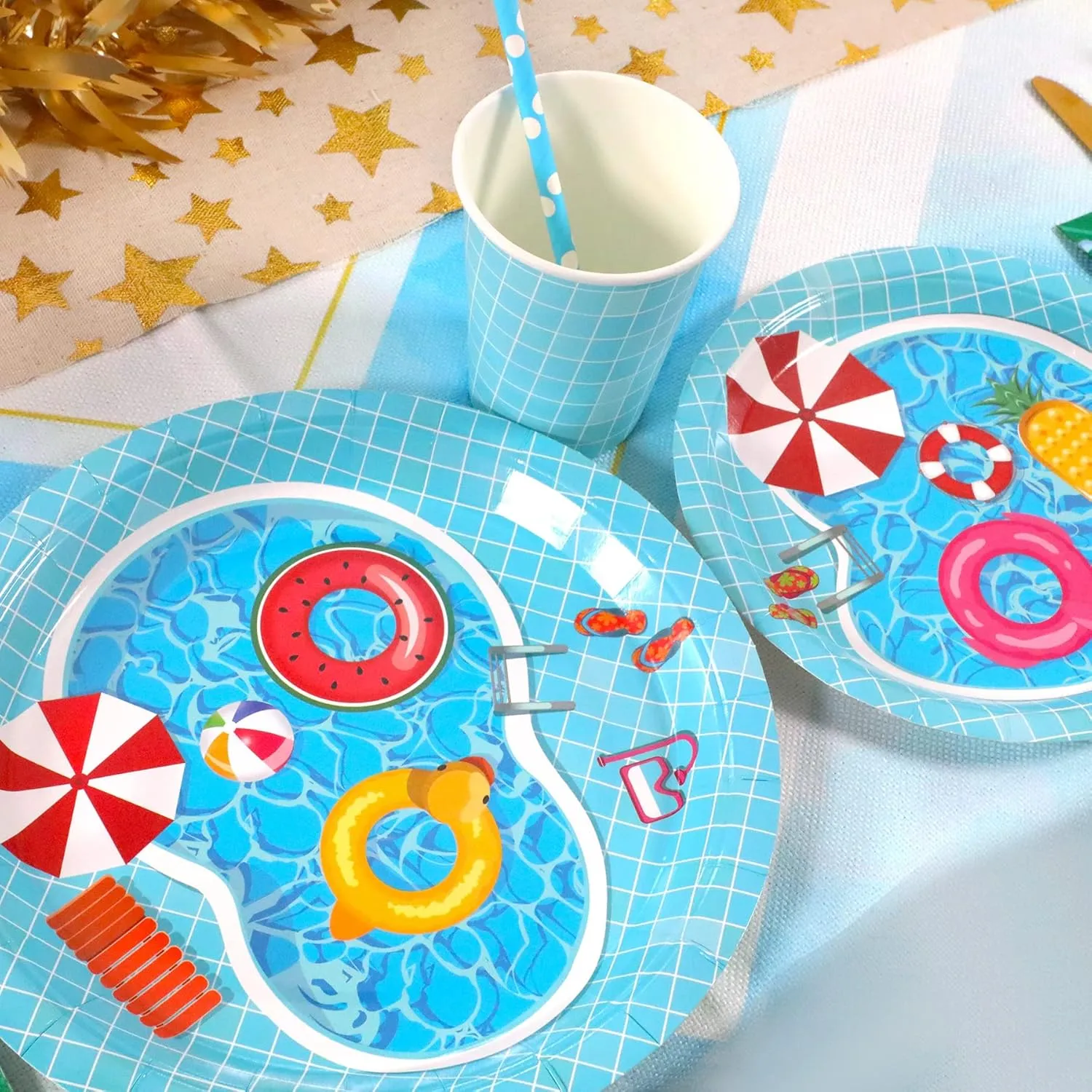 Pool Party Supplies Decorations, Disposable Summer Kids Birthday Paper Plates and Napkins Set with Cups and Straws for 24 Guests, 120 Pcs Beach Party Dessert Dinnerwares