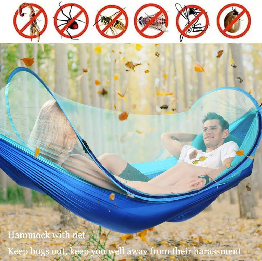 Pop-Up Hammock 1-2 Person Portable Outdoor Camping Hammock with Mosquito Net High Strength Parachute Fabric Hanging Bed Hunting Sleeping Swing