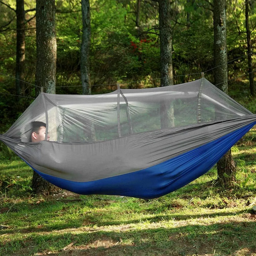 Portable Camping Travel Hammock Hanging Bed with Creature Net Breathable Long Lasting Lightweight Compact Nylon Camouflage Gray Blue 260 140cm (Grey and Blue)