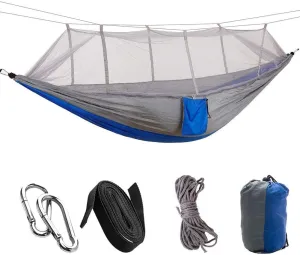 Portable Camping Travel Hammock Hanging Bed with Creature Net Breathable Long Lasting Lightweight Compact Nylon Camouflage Gray Blue 260 140cm (Grey and Blue)