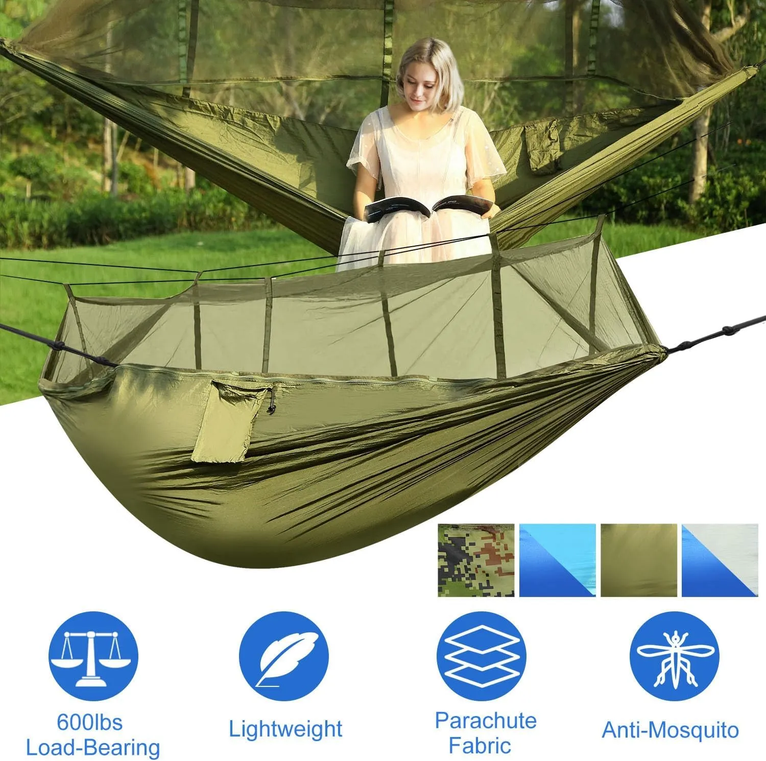 Portable Double Camping Hammock with Mosquito Net, Outdoor Hiking Camping Hommock, Lightweight Travel Hammock, Foldable Camping Hammock for Outdoor, Travel, Green