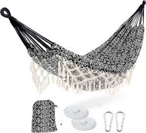 Portable Hammock with Tassel,2 Person,Brazilian Tree Hammocks with Carry Bag for Bedroom,Garden,Backyard,Patio,Outdoor and Indoor XX-Large Black/White Woven Cotton Fabric, Up to 450Lbs
