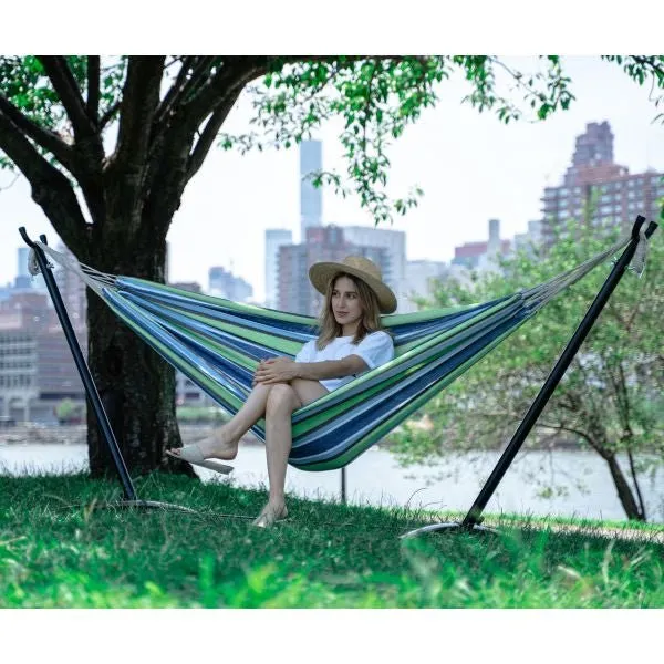 Portable Two Person Green & Blue Pattern Outdoor Hammock With Stand