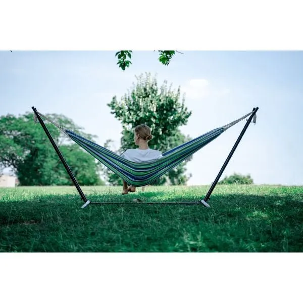 Portable Two Person Green & Blue Pattern Outdoor Hammock With Stand