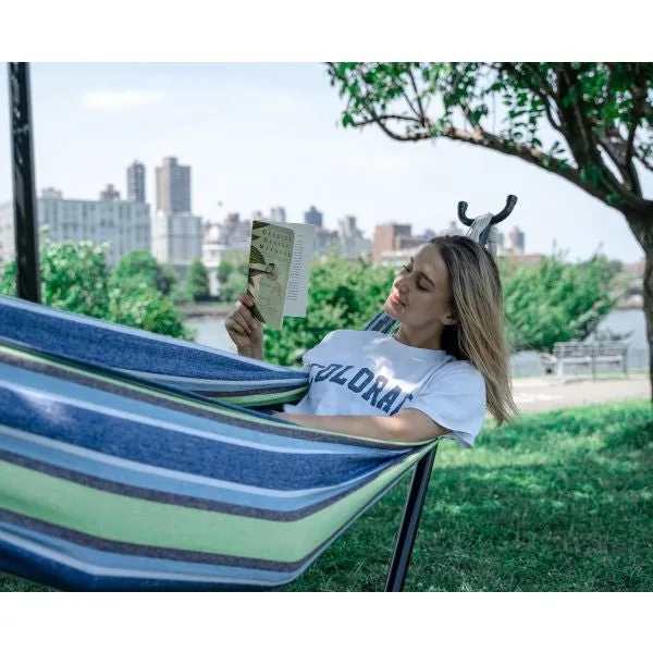 Portable Two Person Green & Blue Pattern Outdoor Hammock With Stand
