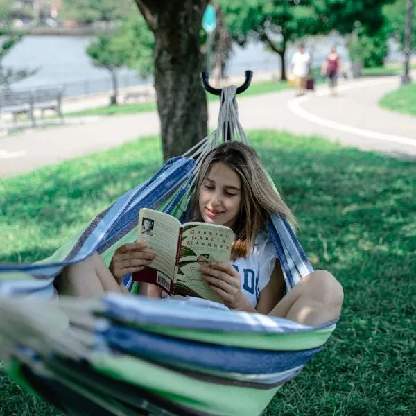 Portable Two Person Green & Blue Pattern Outdoor Hammock With Stand