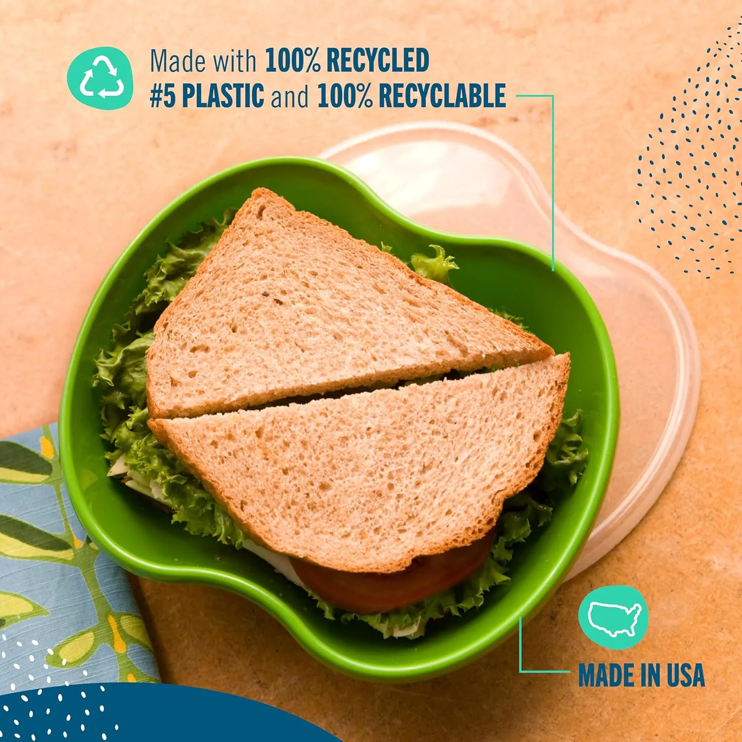Preserve Dishwasher Safe BPA Free Sandwich Food Storage Container Made from Recycled Plastic in the USA, Set of 2, Apple Green